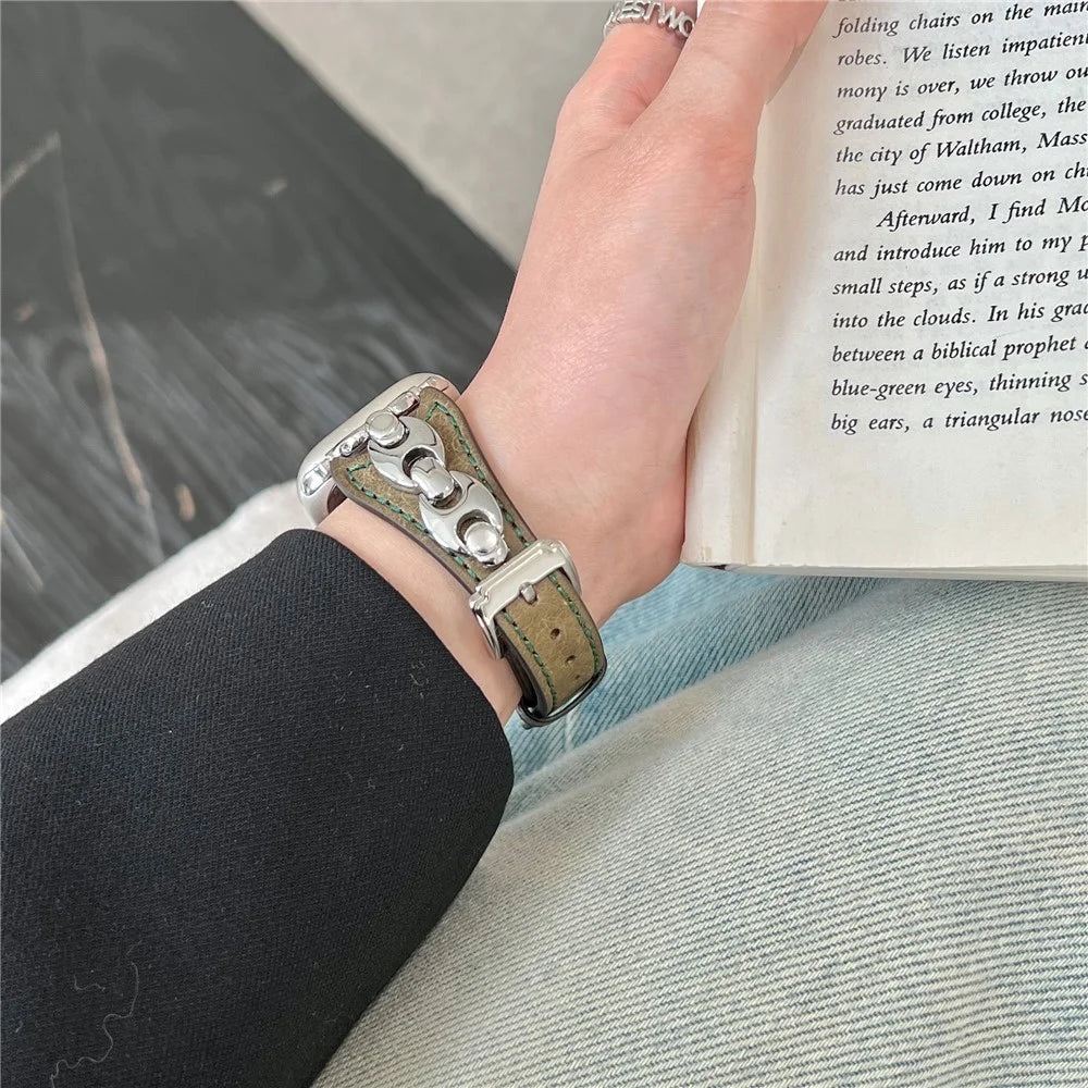 Wrist Strap for Apple Watch Ultra 3 2 1 49mm / Series 11 10 46mm / 9 8 7 45mm / SE3 SE2 SE 6 5 4 44mm / 3 2 1 42mm D Buckle Genuine Cow Leather Band - Green / Silver Buckle - 4