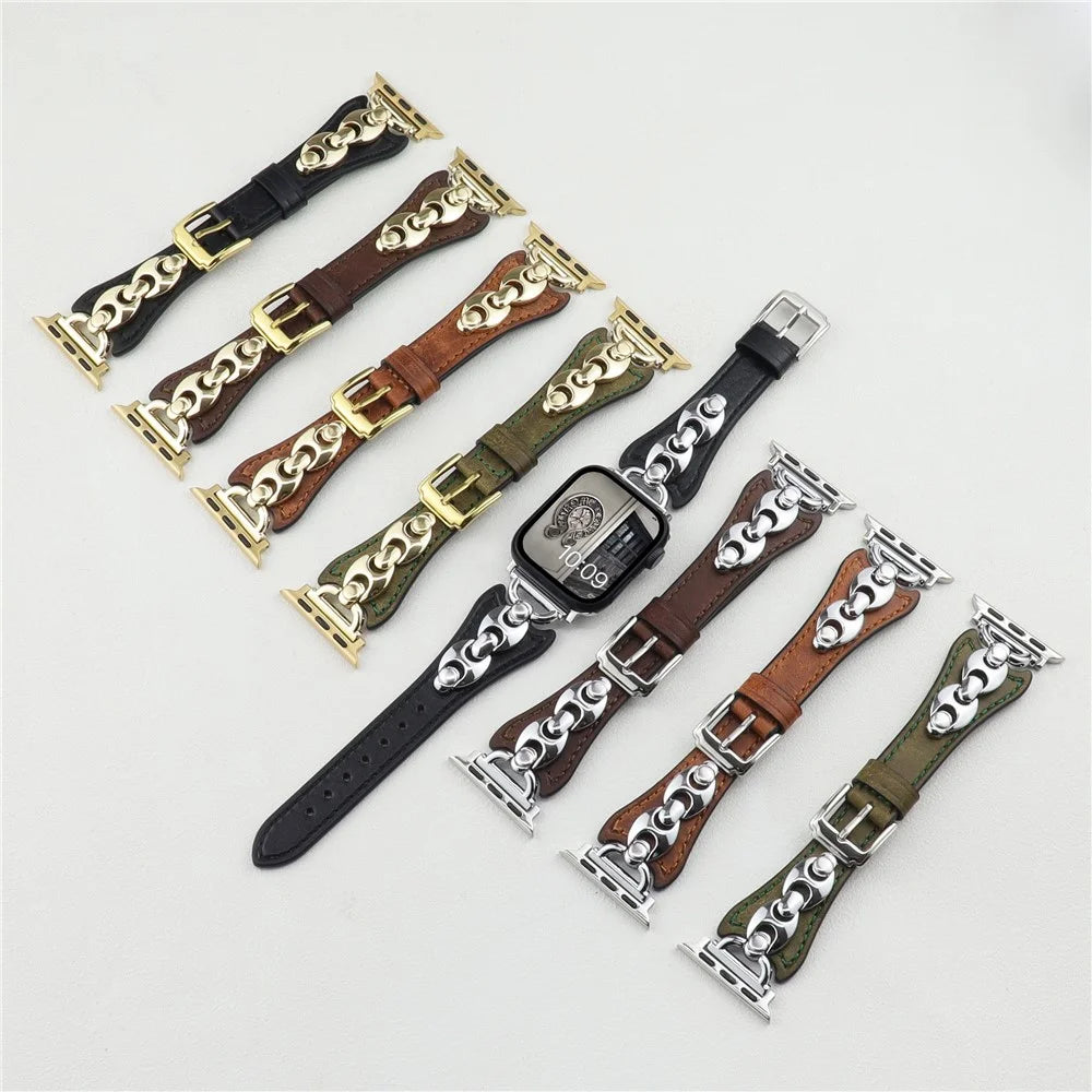Wrist Strap for Apple Watch Ultra 3 2 1 49mm / Series 11 10 46mm / 9 8 7 45mm / SE3 SE2 SE 6 5 4 44mm / 3 2 1 42mm D Buckle Genuine Cow Leather Band - Green / Silver Buckle - 6