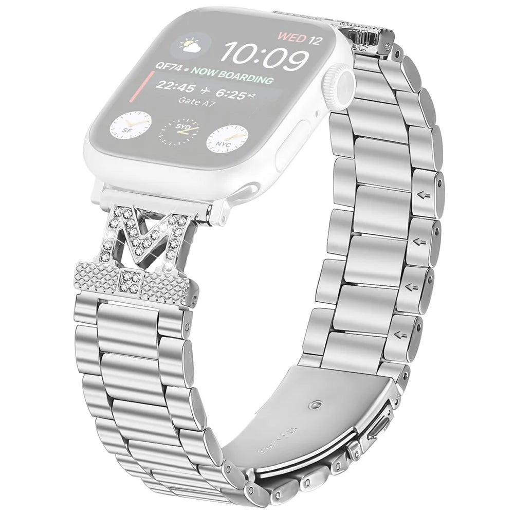 Watch Strap for Apple Watch Series 11 10 42mm / 9 8 7 41mm / SE3 SE2 SE 6 5 4 40mm / 3 2 1 38mm Stainless Steel 3 Beads Silver Watch Band Rhinestones Decor - 1