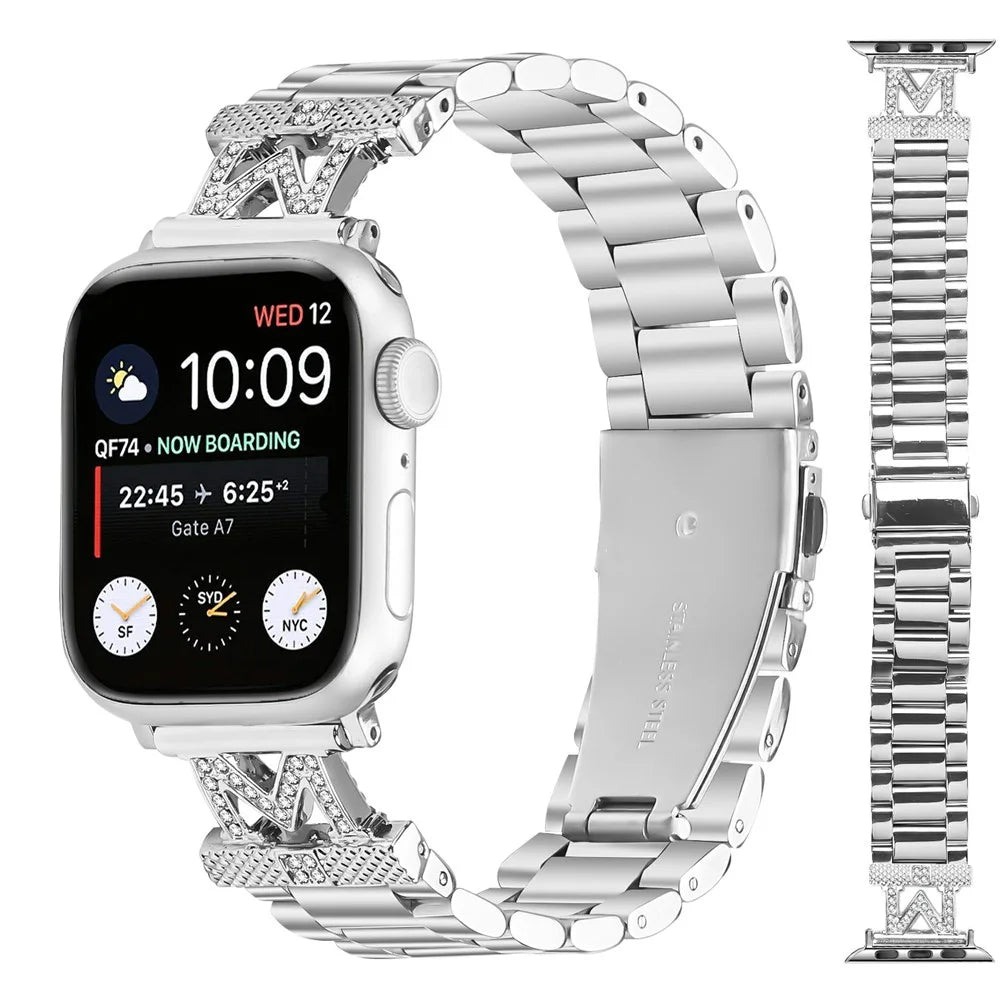 Watch Strap for Apple Watch Series 11 10 42mm / 9 8 7 41mm / SE3 SE2 SE 6 5 4 40mm / 3 2 1 38mm Stainless Steel 3 Beads Silver Watch Band Rhinestones Decor - 3