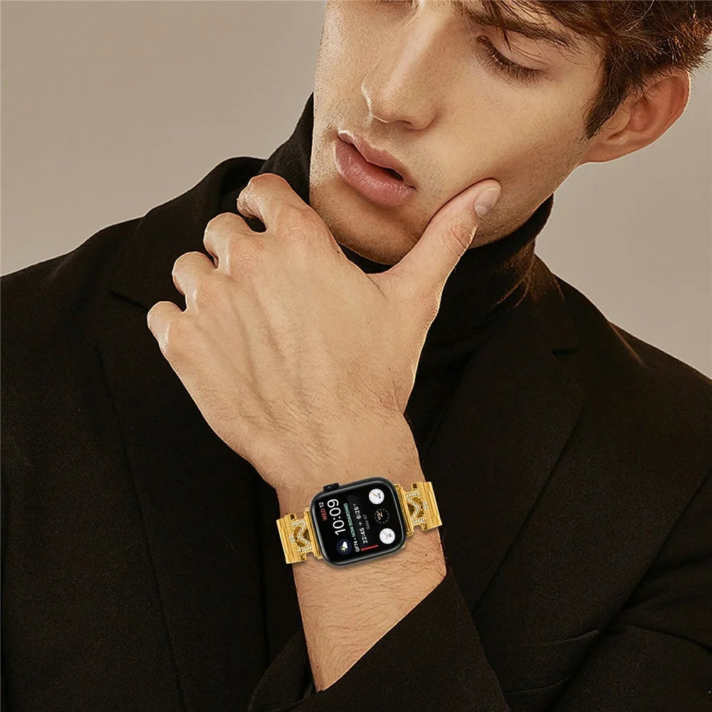 Watch Strap for Apple Watch Series 11 10 42mm / 9 8 7 41mm / SE3 SE2 SE 6 5 4 40mm / 3 2 1 38mm M-Type Stainless Steel Band - Gold - 6