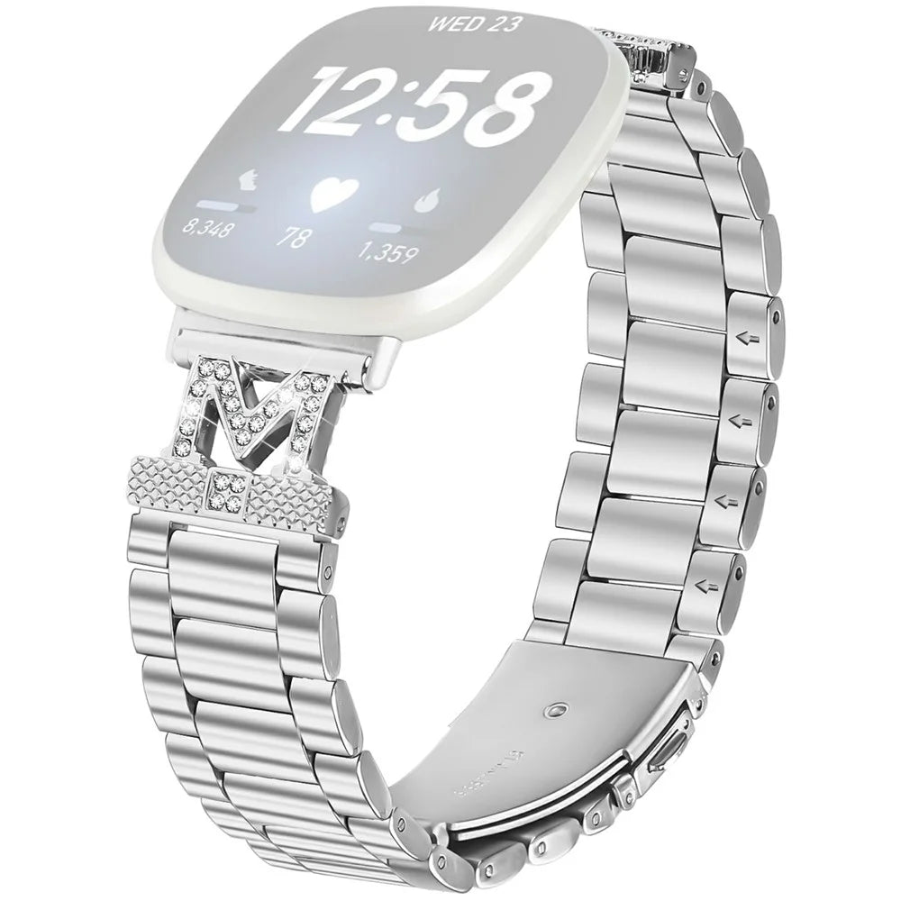 For Fitbit Versa 3 / Sense Watch Strap Rhinestones Decor Silver Stainless Steel 3 Beads Watch Band - 1