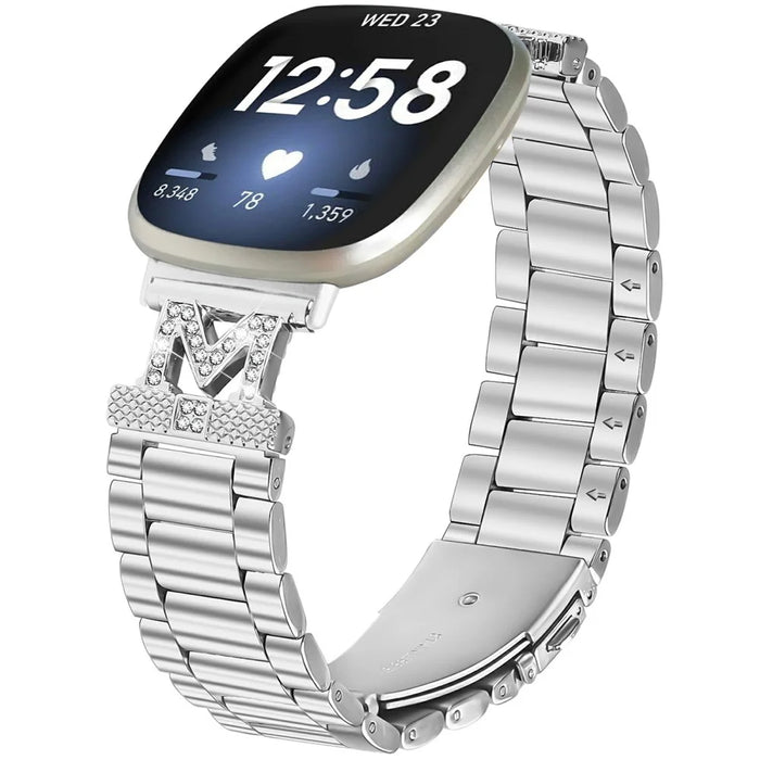 For Fitbit Versa 4 / Sense 2 Watch Strap Rhinestones Decor 3-Bead Silver Stainless Steel Band - 2