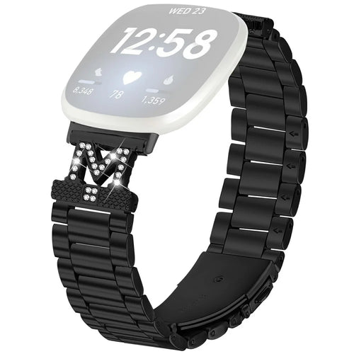 For Fitbit Versa 4 / Sense 2 Watch Strap M-Type Rhinestones Decor Stainless Steel 3-Bead Band - Black - 1