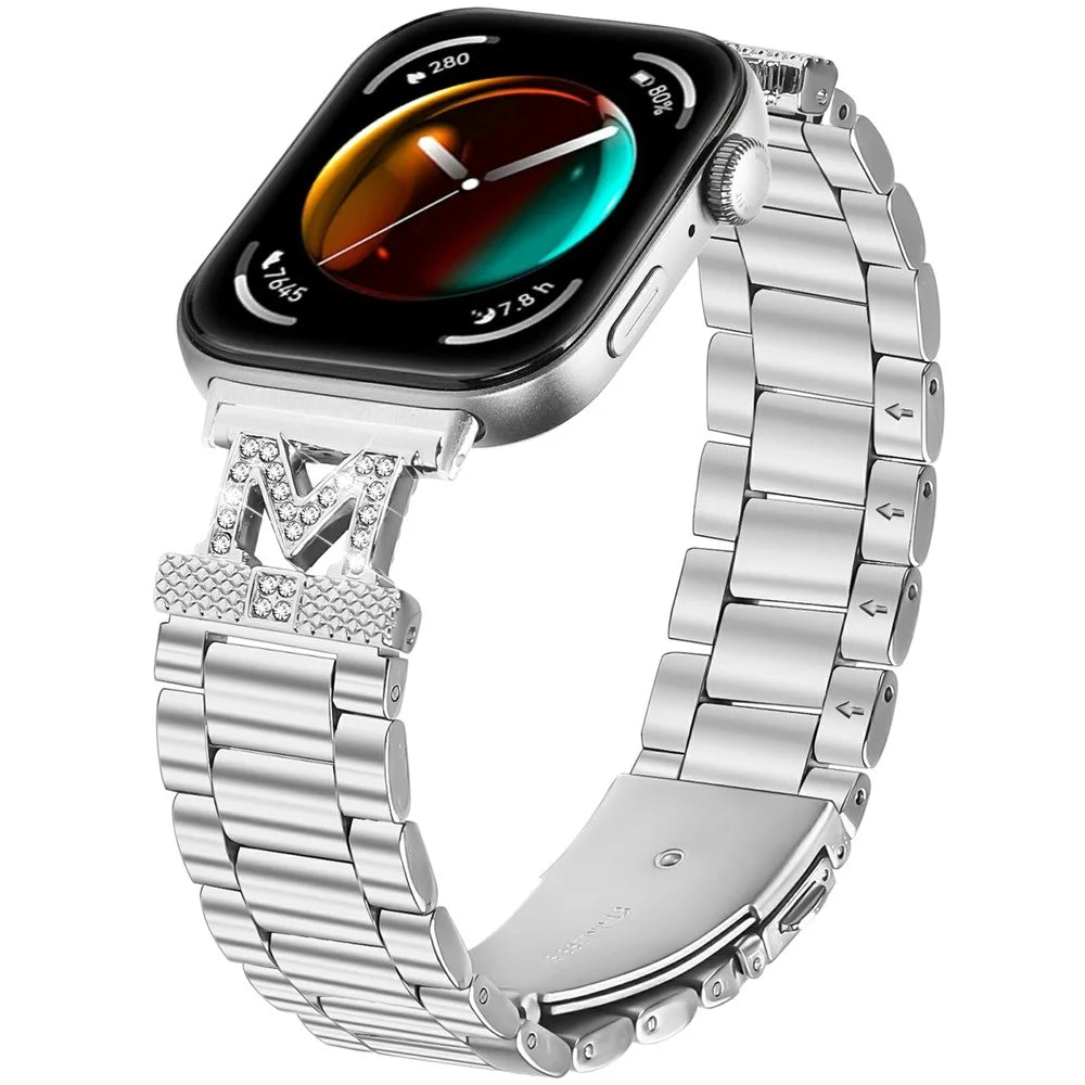 For Huawei Watch Fit 3 Watch Strap Rhinestones Decor Silver Stainless Steel 3 Beads Watch Band - 2