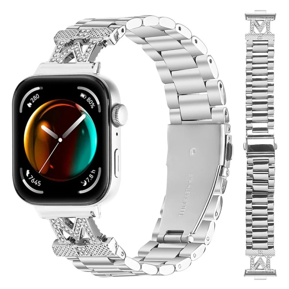 For Huawei Watch Fit 3 Watch Strap Rhinestones Decor Silver Stainless Steel 3 Beads Watch Band - 3