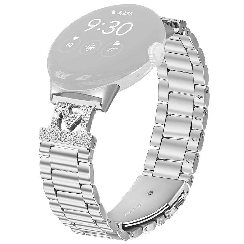 For Google Pixel Watch 4 41mm / Watch 3 41mm / Watch 2 / Watch Strap Rhinestones Decor 3-Bead Silver Stainless Steel Watch Band - 1