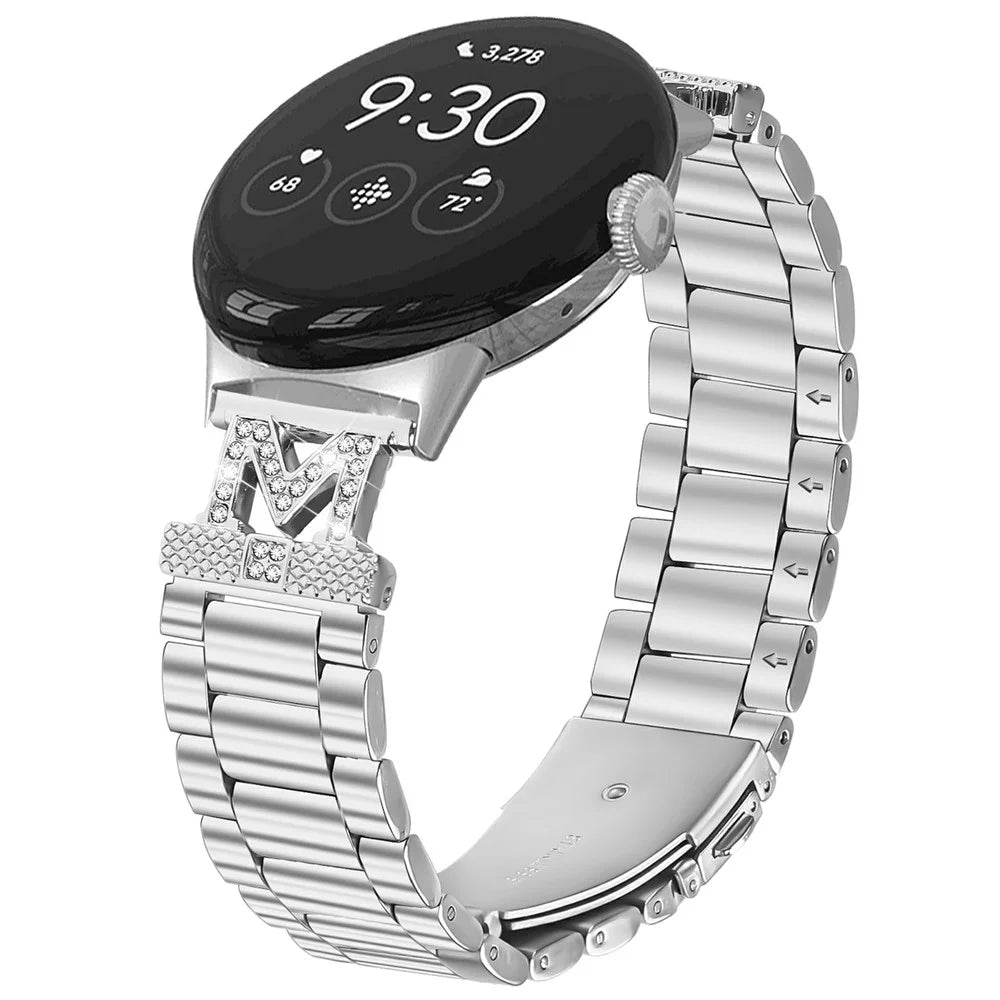 For Google Pixel Watch 4 41mm / Watch 3 41mm / Watch 2 / Watch Strap Rhinestones Decor 3-Bead Silver Stainless Steel Watch Band - 2
