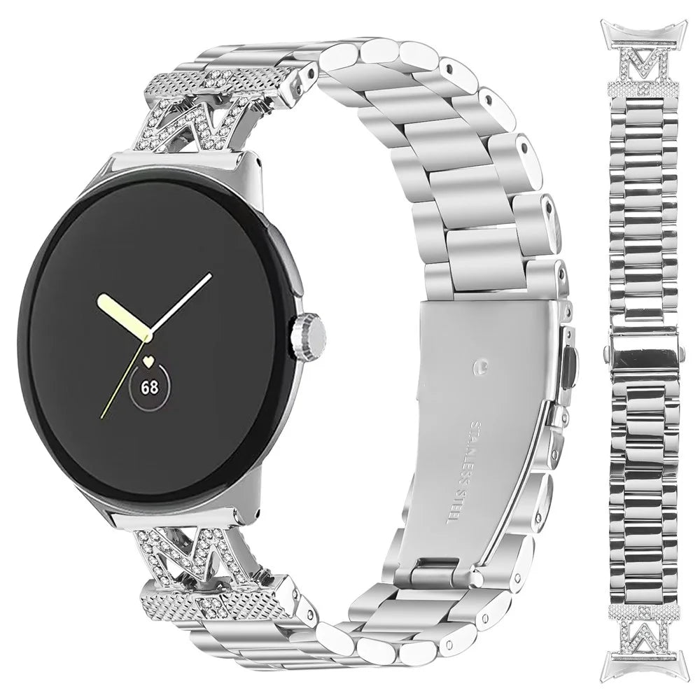 For Google Pixel Watch 4 41mm / Watch 3 41mm / Watch 2 / Watch Strap Rhinestones Decor 3-Bead Silver Stainless Steel Watch Band - 3