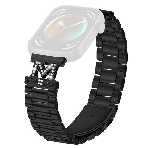 For Huawei Watch Fit 3 Replacement Strap M-Type Rhinestones Decor Stainless Steel 3-Bead Watch Band - Black - 1