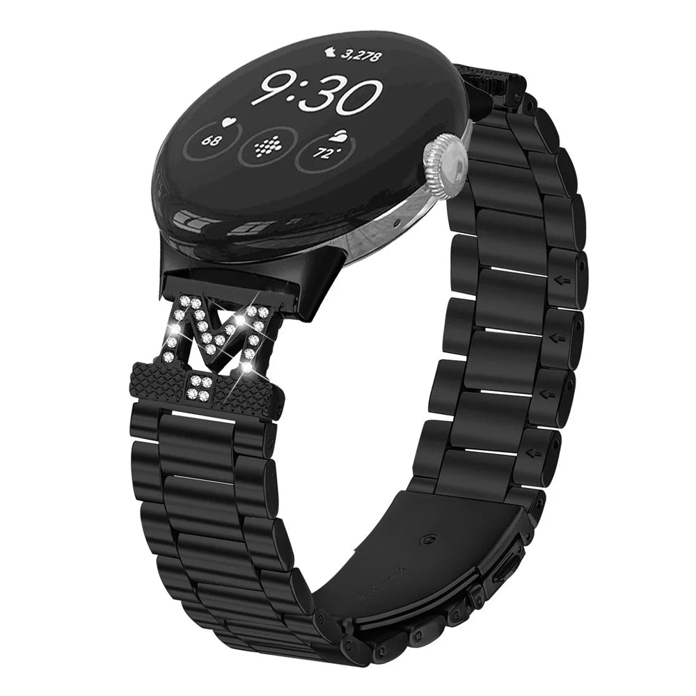 For Google Pixel Watch 4 41mm / Watch 3 41mm / Watch 2 / Watch Watch Strap Rhinestones Decor 3 Beads Stainless Steel Watch Band - Black - 2