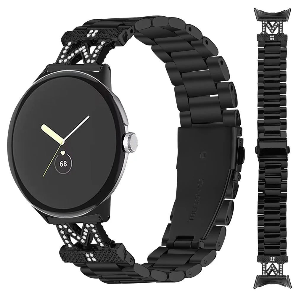 For Google Pixel Watch 4 41mm / Watch 3 41mm / Watch 2 / Watch Watch Strap Rhinestones Decor 3 Beads Stainless Steel Watch Band - Black - 3