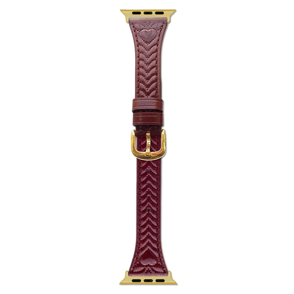 Watch Band For Apple Watch Series 11 10 42mm / 9 8 7 41mm / SE3 SE2 SE 6 5 4 40mm / 3 2 1 38mm Heart Pattern Embossed Genuine Leather Strap - Wine Red - 1