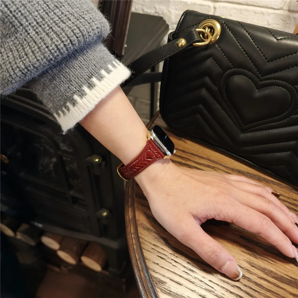 Watch Band For Apple Watch Series 11 10 42mm / 9 8 7 41mm / SE3 SE2 SE 6 5 4 40mm / 3 2 1 38mm Heart Pattern Embossed Genuine Leather Strap - Wine Red - 2