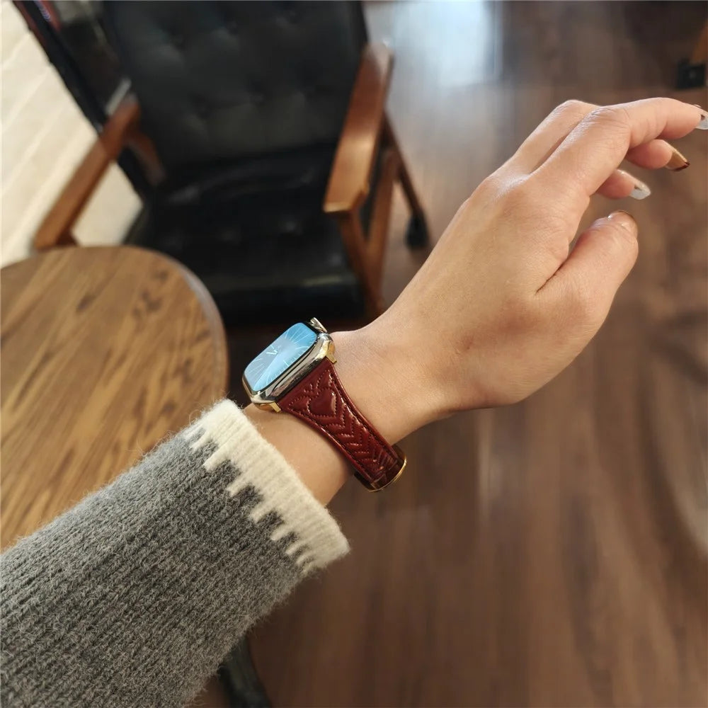 Watch Band For Apple Watch Series 11 10 42mm / 9 8 7 41mm / SE3 SE2 SE 6 5 4 40mm / 3 2 1 38mm Heart Pattern Embossed Genuine Leather Strap - Wine Red - 5