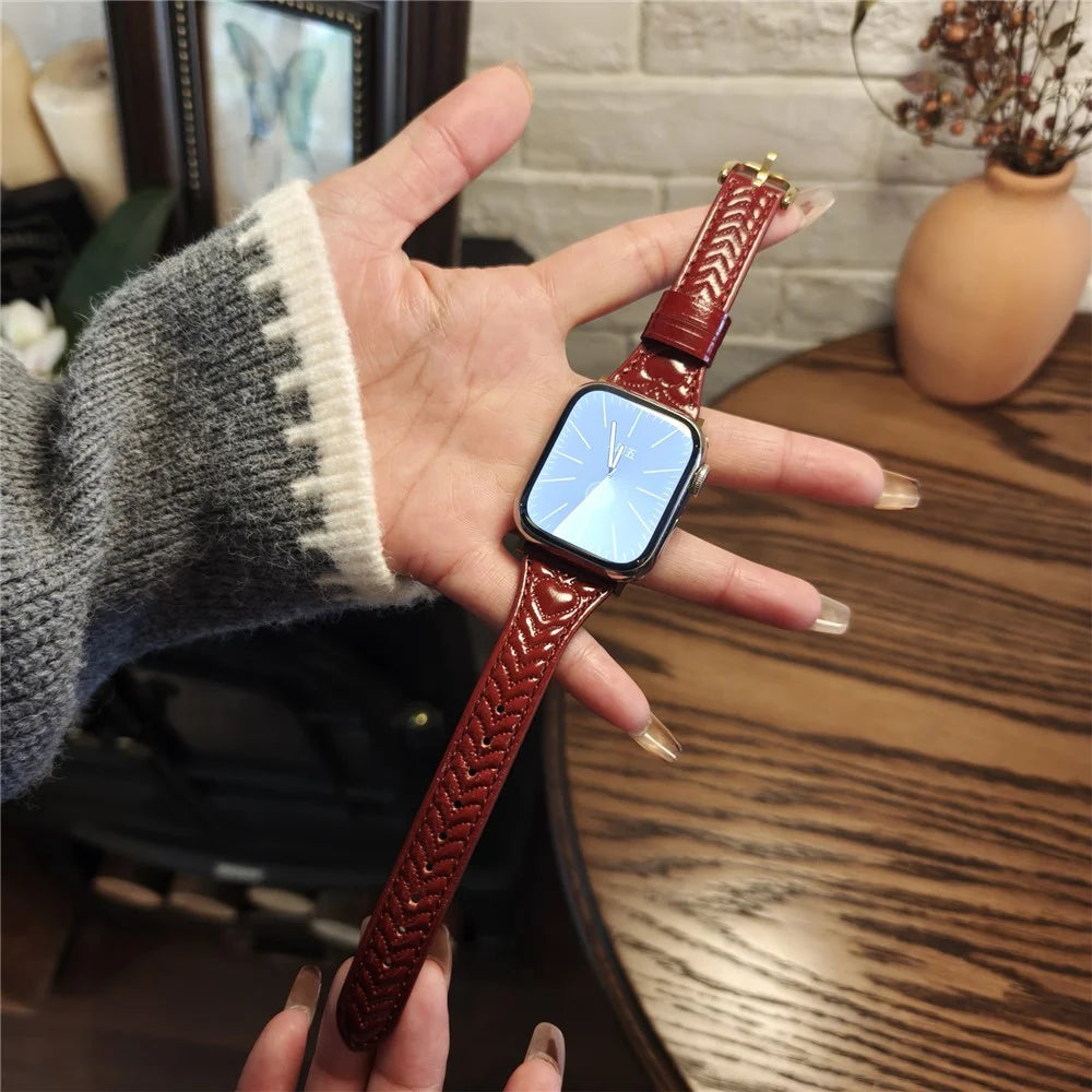 Watch Band For Apple Watch Series 11 10 42mm / 9 8 7 41mm / SE3 SE2 SE 6 5 4 40mm / 3 2 1 38mm Heart Pattern Embossed Genuine Leather Strap - Wine Red - 6