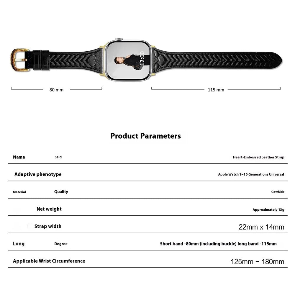 Watch Band For Apple Watch Series 11 10 42mm / 9 8 7 41mm / SE3 SE2 SE 6 5 4 40mm / 3 2 1 38mm Heart Pattern Embossed Genuine Leather Strap - Wine Red - 7