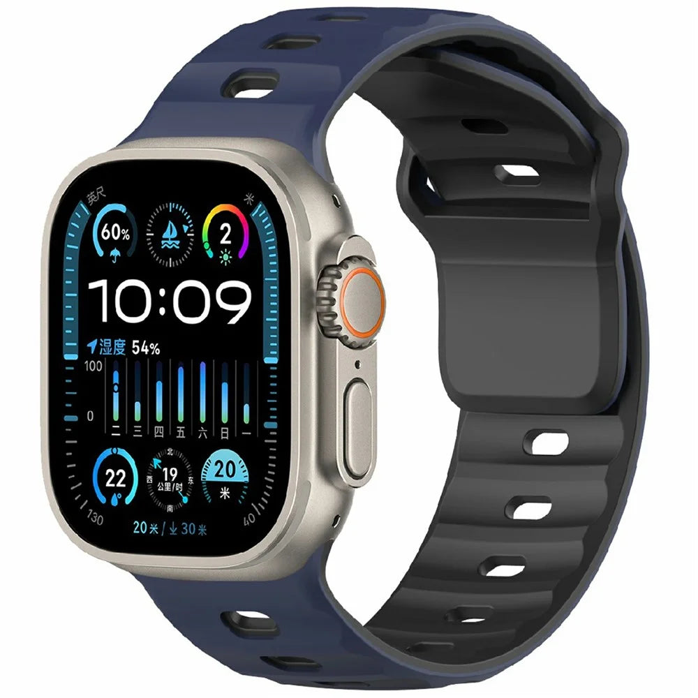 Watch Band for Apple Watch Ultra 3 2 1 49mm / Series 11 10 46mm / 9 8 7 45mm / SE3 SE2 SE 6 5 4 44mm / 3 2 1 42mm Dual Color Silicone Strap - Midnight Blue / Black - 2