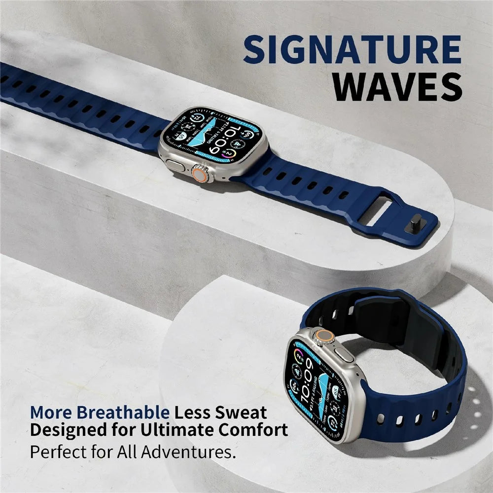 Watch Band for Apple Watch Ultra 3 2 1 49mm / Series 11 10 46mm / 9 8 7 45mm / SE3 SE2 SE 6 5 4 44mm / 3 2 1 42mm Dual Color Silicone Strap - Midnight Blue / Black - 5