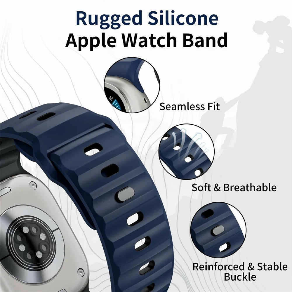 Watch Band for Apple Watch Ultra 3 2 1 49mm / Series 11 10 46mm / 9 8 7 45mm / SE3 SE2 SE 6 5 4 44mm / 3 2 1 42mm Dual Color Silicone Strap - Midnight Blue / Black - 6