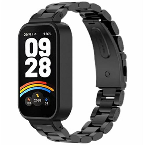 For Xiaomi Redmi Band 3 / Smart Band 9 Active Stainless Steel Watch Strap with PC Case Solid 3 Bead Replacement Band - Black - 1