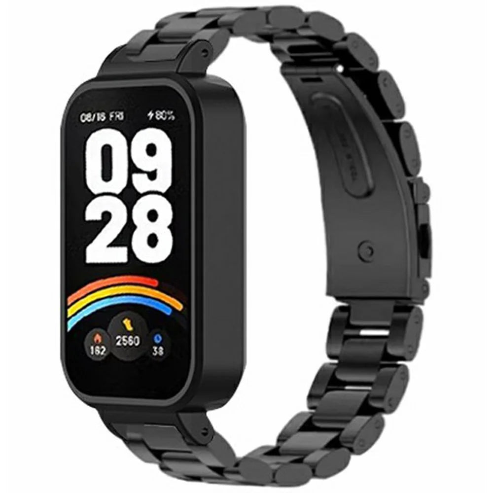 For Xiaomi Redmi Band 3 / Smart Band 9 Active Stainless Steel Watch Strap with PC Case Solid 3 Bead Replacement Band - Black - 1