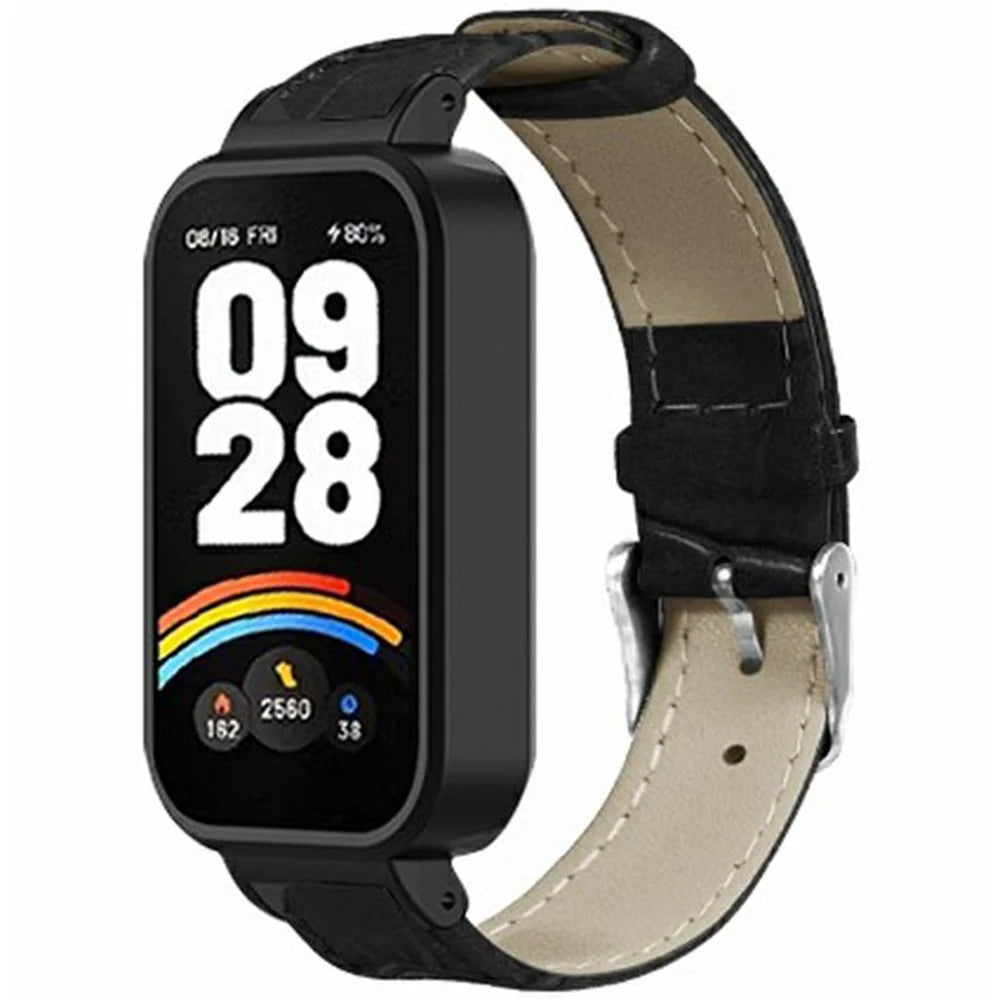 For Xiaomi Redmi Band 3 / Smart Band 9 Active Watch Band with PC Case Bamboo Texture Leather Replacement Strap - Black - 1