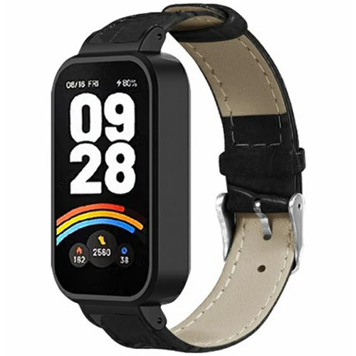For Xiaomi Redmi Band 3 / Smart Band 9 Active Watch Band with PC Case Bamboo Texture Leather Replacement Strap - Black - 1