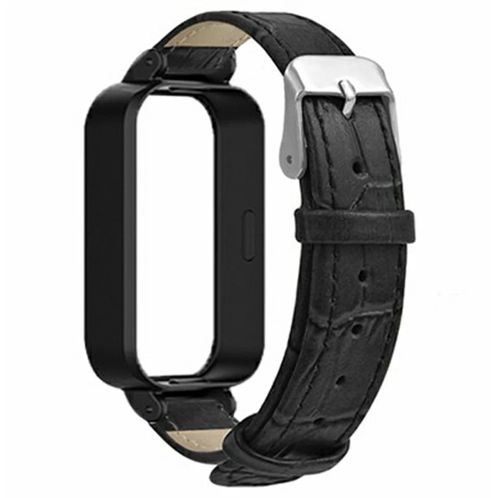 For Xiaomi Redmi Band 3 / Smart Band 9 Active Watch Band with PC Case Bamboo Texture Leather Replacement Strap - Black - 2