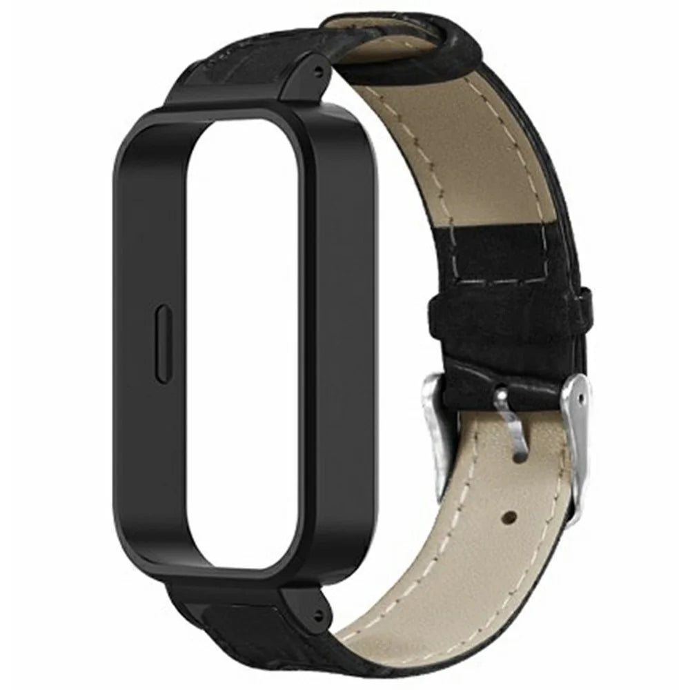 For Xiaomi Redmi Band 3 / Smart Band 9 Active Watch Band with PC Case Bamboo Texture Leather Replacement Strap - Black - 3