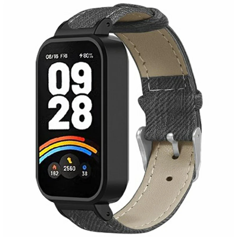 For Xiaomi Redmi Band 3 / Smart Band 9 Active Replacement Strap with PC Case Denim Texture Leather Watch Band - Grey - 1