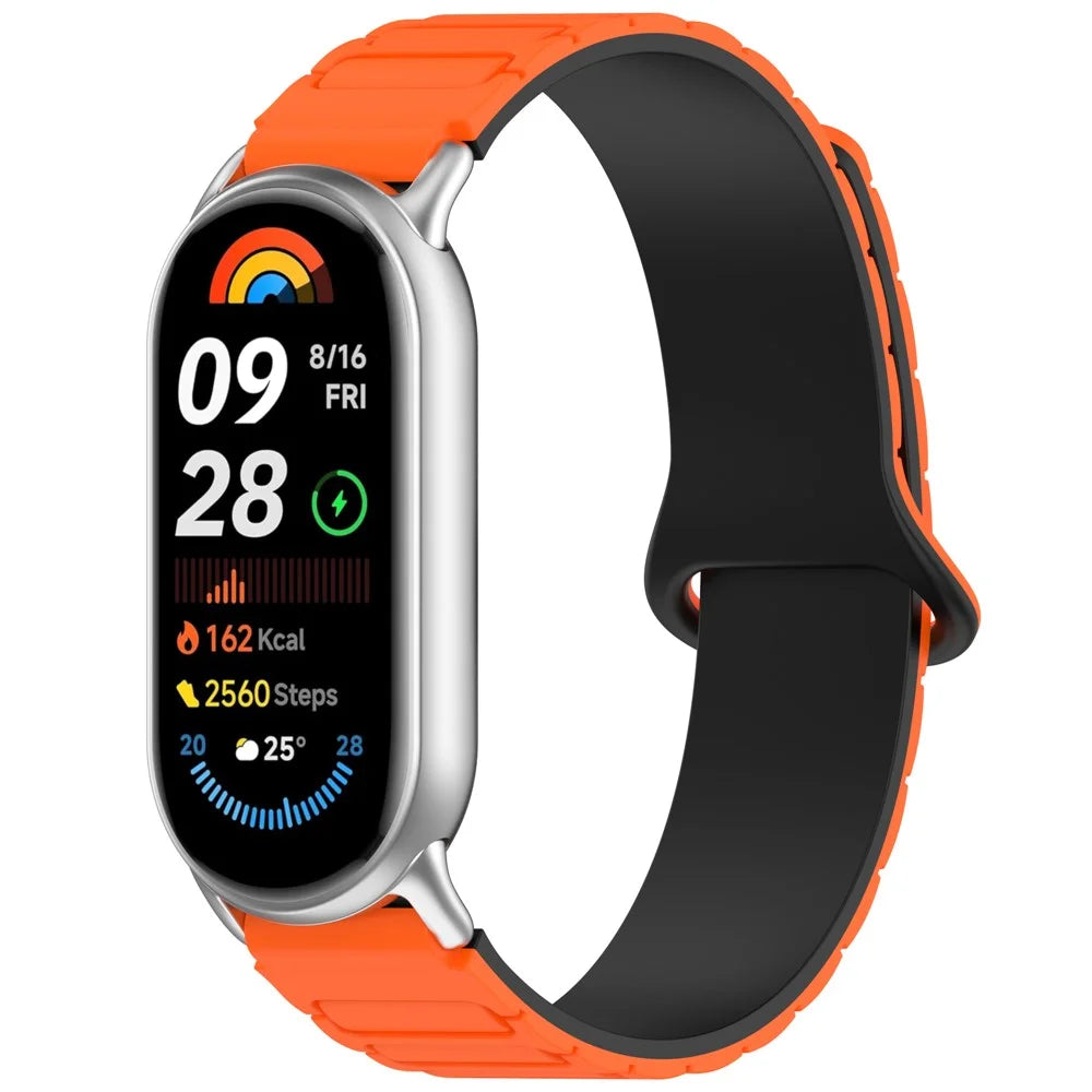Magnetic Silicone Strap for Xiaomi Smart Band 9 NFC / 9 / 8 NFC / 8 Replacement Wristband with Connectors - Orange+Black - 2