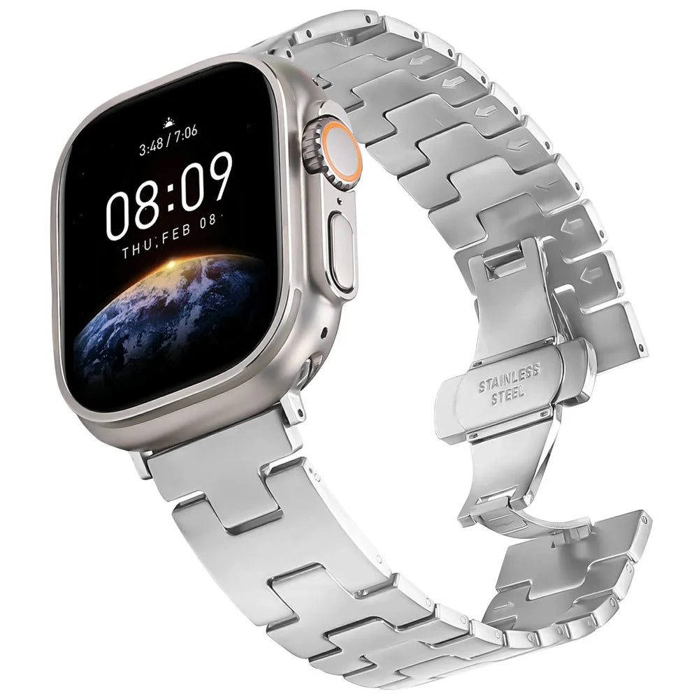 Watch Strap For Apple Watch Ultra 3 2 1 49mm / Series 11 10 46mm / 9 8 7 45mm / SE3 SE2 SE 6 5 4 44mm / 3 2 1 42mm H-Type Butterfly Clasp Stainless Steel Band Silver - 2