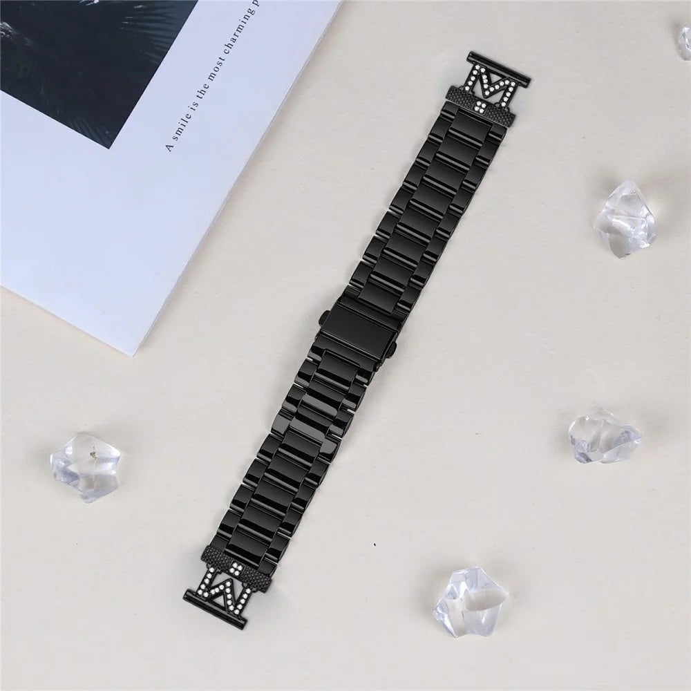 For Coros Apex 42mm Watch Strap Rhinestones Decor 3-Bead Stainless Steel Band - Black - 6