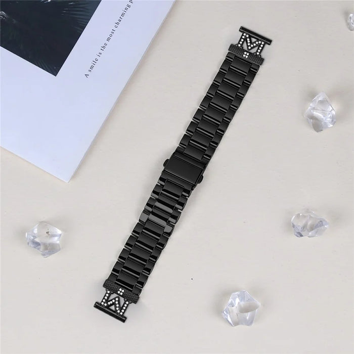 For Coros Pace 2 Watch Strap Rhinestones Decor 3-Bead Stainless Steel Band - Black - 6
