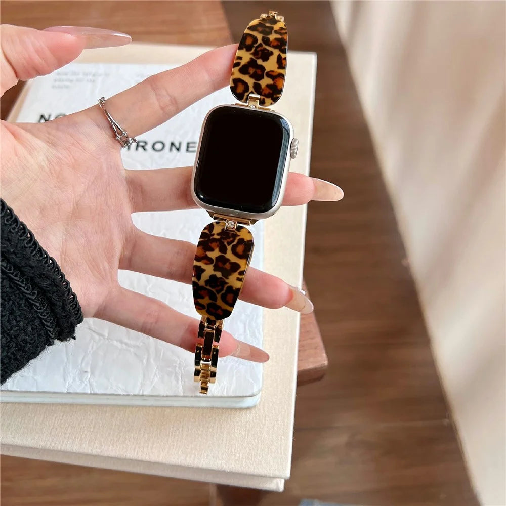 Watch Strap for Apple Watch Ultra 3 2 1 49mm / Series 11 10 46mm / 9 8 7 45mm / SE3 SE2 SE 6 5 4 44mm / 3 2 1 42mm Rhinestone Decor Resin Metal Wrist Band - Gold Leopard Print - 2