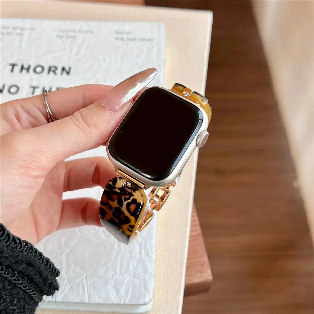 Watch Strap for Apple Watch Ultra 3 2 1 49mm / Series 11 10 46mm / 9 8 7 45mm / SE3 SE2 SE 6 5 4 44mm / 3 2 1 42mm Rhinestone Decor Resin Metal Wrist Band - Gold Leopard Print - 3
