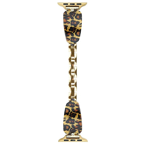 Watch Strap for Apple Watch Series 11 10 42mm / 9 8 7 41mm / SE3 SE2 SE 6 5 4 40mm / 3 2 1 38mm Rhinestone Decor Resin Metal Wrist Band - Gold Leopard Print - 1