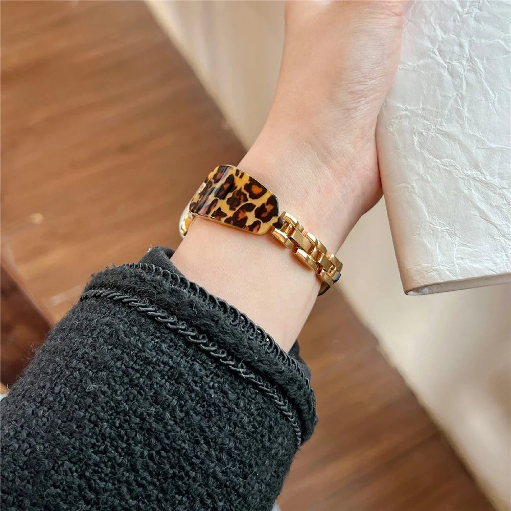 Watch Strap for Apple Watch Series 11 10 42mm / 9 8 7 41mm / SE3 SE2 SE 6 5 4 40mm / 3 2 1 38mm Rhinestone Decor Resin Metal Wrist Band - Gold Leopard Print - 4