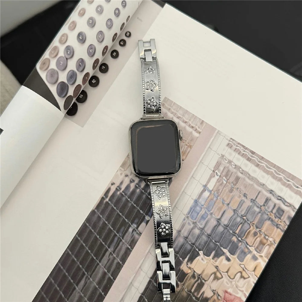 Metal Watch Strap for Apple Watch Series 11 10 42mm / 9 8 7 41mm / SE3 SE2 SE 6 5 4 40mm / 3 2 1 38mm Flower Rhinestone Decor Bracelet Band - Silver - 3