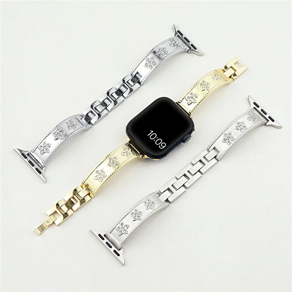 Metal Watch Strap for Apple Watch Series 11 10 42mm / 9 8 7 41mm / SE3 SE2 SE 6 5 4 40mm / 3 2 1 38mm Flower Rhinestone Decor Bracelet Band - Silver - 7