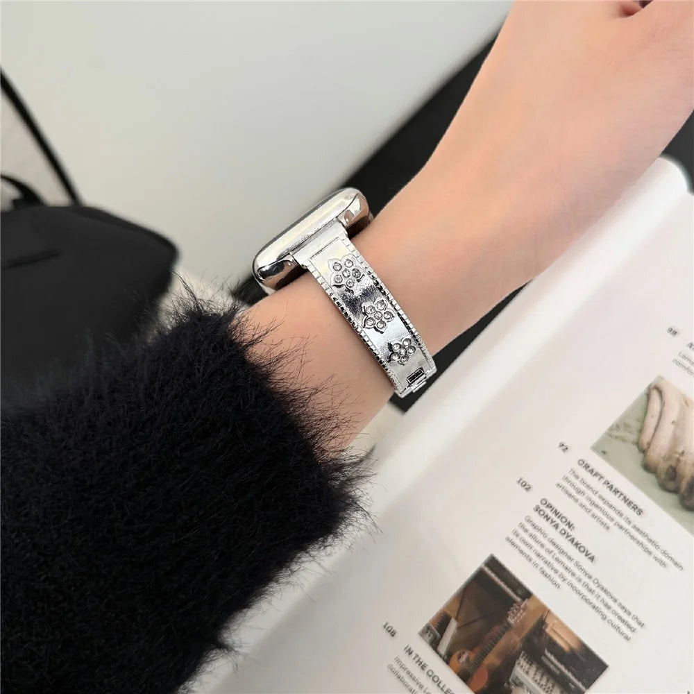 Metal Watch Strap for Apple Watch Ultra 3 2 1 49mm / Series 11 10 46mm / 9 8 7 45mm / SE3 SE2 SE 6 5 4 44mm / 3 2 1 42mm Flower Rhinestone Decor Bracelet Band - Silver - 6
