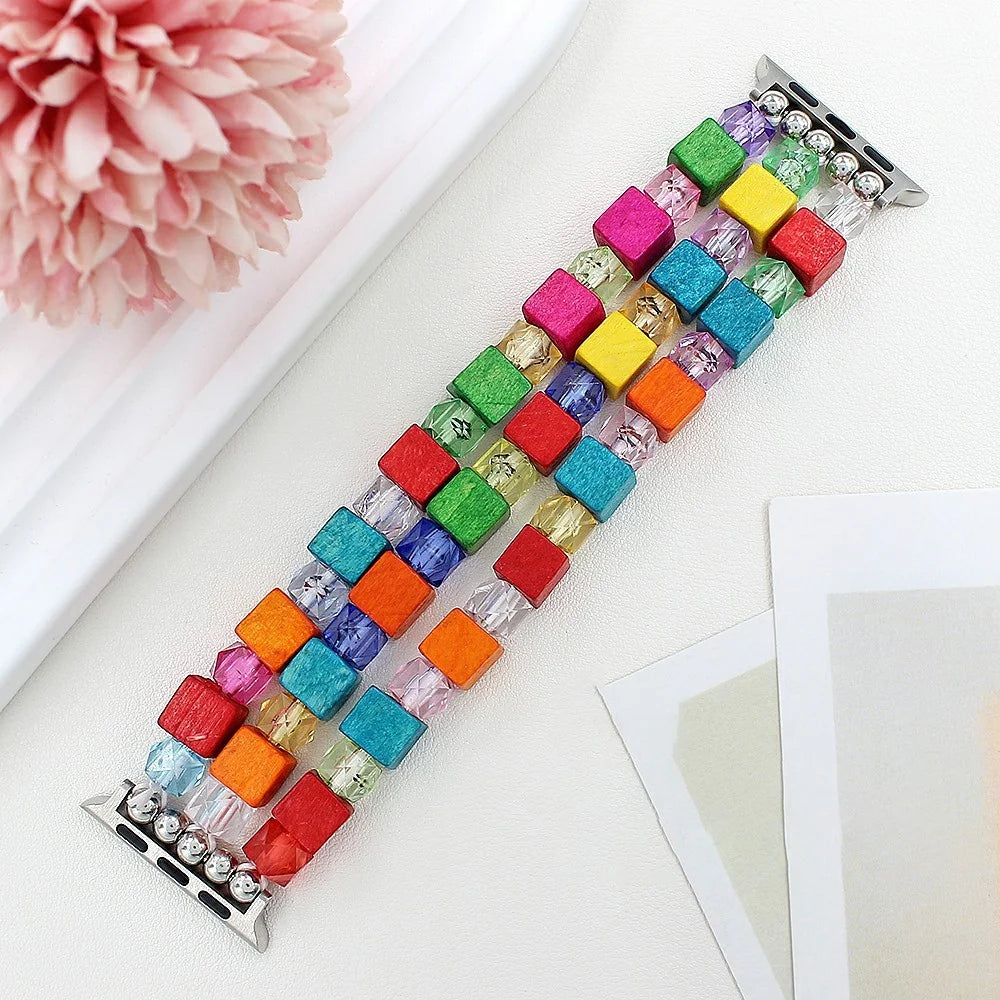 Bracelet Watch Strap for Apple Watch Ultra 3 2 1 49mm / Series 11 10 46mm / 9 8 7 45mm / SE3 SE2 SE 6 5 4 44mm / 3 2 1 42mm Wood Resin Beads Wrist Band - Colorful - 2