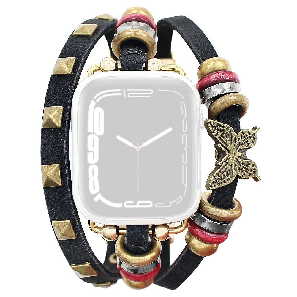 Leather Bracelet Strap for Apple Watch Series 11 10 42mm / 9 8 7 41mm / SE3 SE2 SE 6 5 4 40mm / 3 2 1 38mm Rivet Decor Watch Band - Black - 1