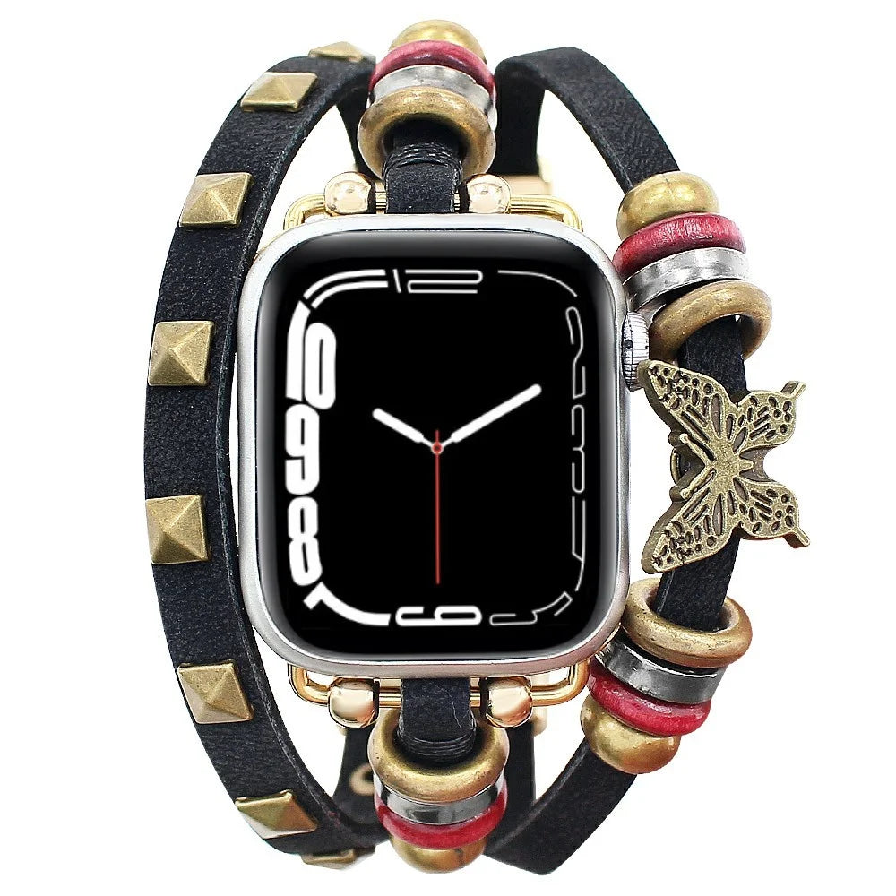 Leather Bracelet Strap for Apple Watch Series 11 10 42mm / 9 8 7 41mm / SE3 SE2 SE 6 5 4 40mm / 3 2 1 38mm Rivet Decor Watch Band - Black - 2