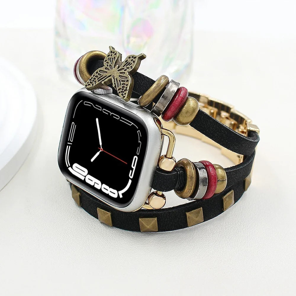 Leather Bracelet Strap for Apple Watch Series 11 10 42mm / 9 8 7 41mm / SE3 SE2 SE 6 5 4 40mm / 3 2 1 38mm Rivet Decor Watch Band - Black - 3