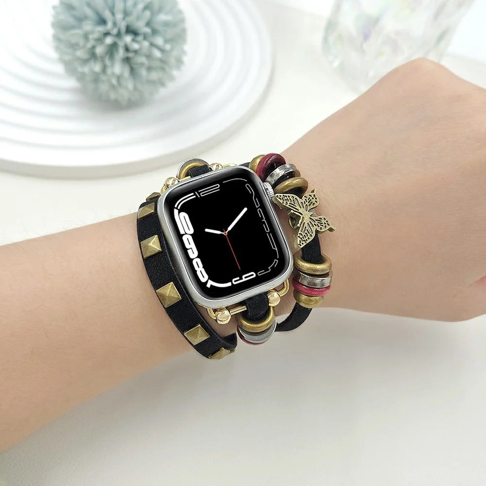 Leather Bracelet Strap for Apple Watch Series 11 10 42mm / 9 8 7 41mm / SE3 SE2 SE 6 5 4 40mm / 3 2 1 38mm Rivet Decor Watch Band - Black - 5