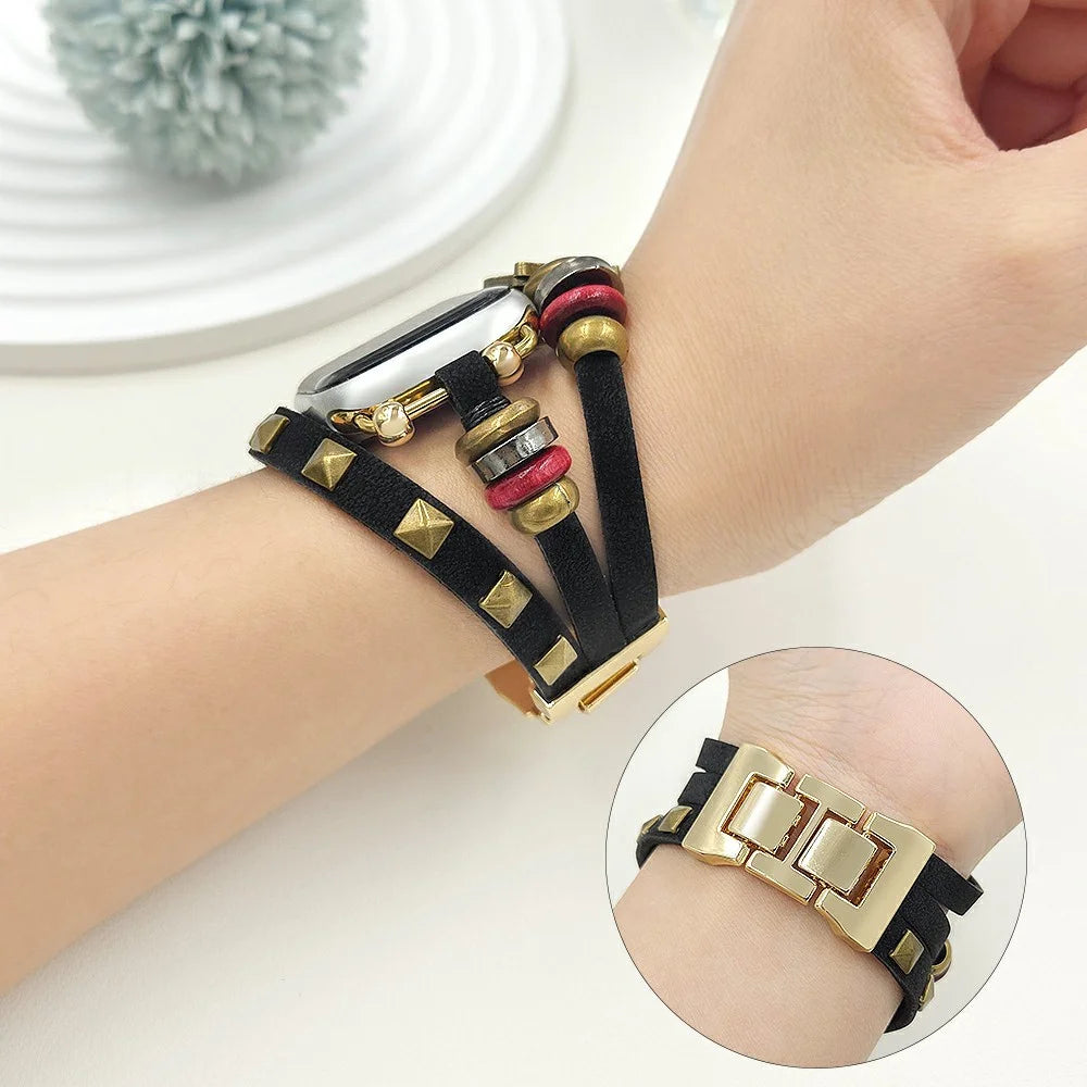 Leather Bracelet Strap for Apple Watch Series 11 10 42mm / 9 8 7 41mm / SE3 SE2 SE 6 5 4 40mm / 3 2 1 38mm Rivet Decor Watch Band - Black - 6
