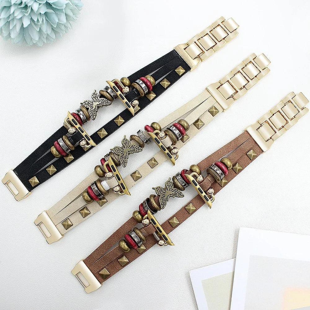 Leather Bracelet Strap for Apple Watch Series 11 10 42mm / 9 8 7 41mm / SE3 SE2 SE 6 5 4 40mm / 3 2 1 38mm Rivet Decor Watch Band - Black - 7