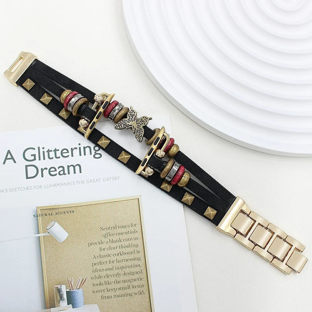 Leather Bracelet Strap for Apple Watch Ultra 3 2 1 49mm / Series 11 10 46mm / 9 8 7 45mm / SE3 SE2 SE 6 5 4 44mm / 3 2 1 42mm Rivet Decor Watch Band - Black - 4